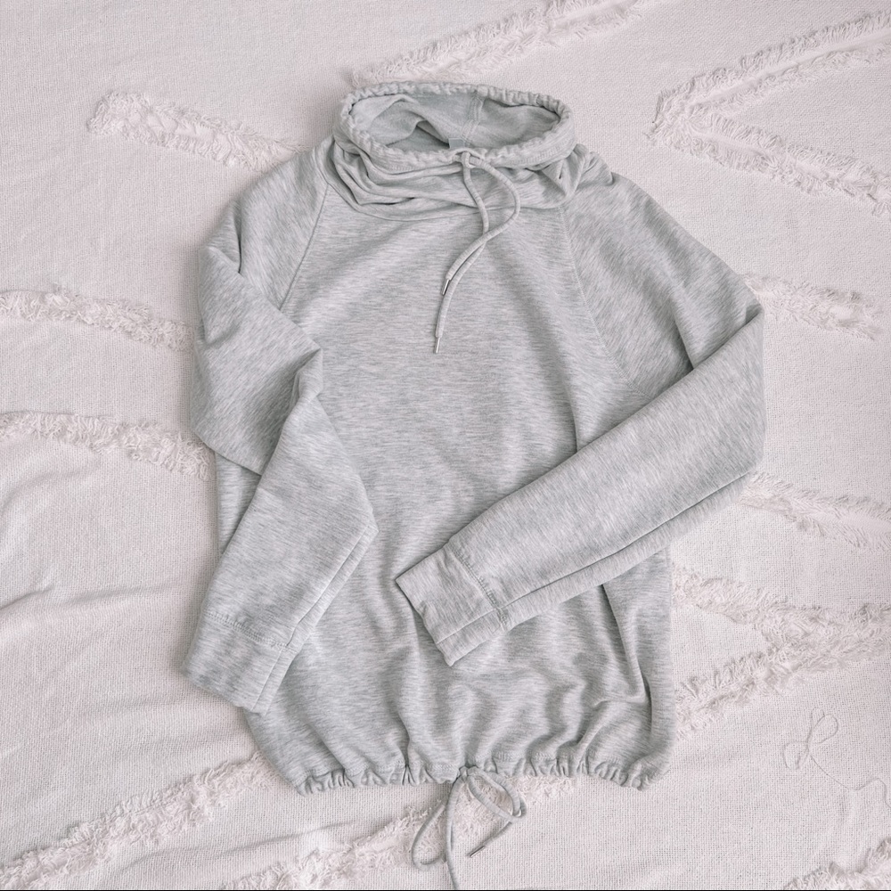 Heather gray funnel neck pull over sweatshirt with drawstrings